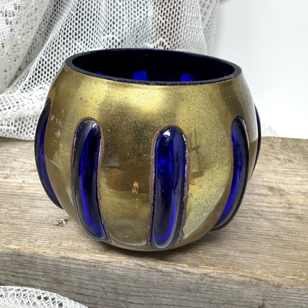 Vintage Brass & Cobalt Blue Glass Bowl India-Made 3" x 3" Decorative Accent Piec